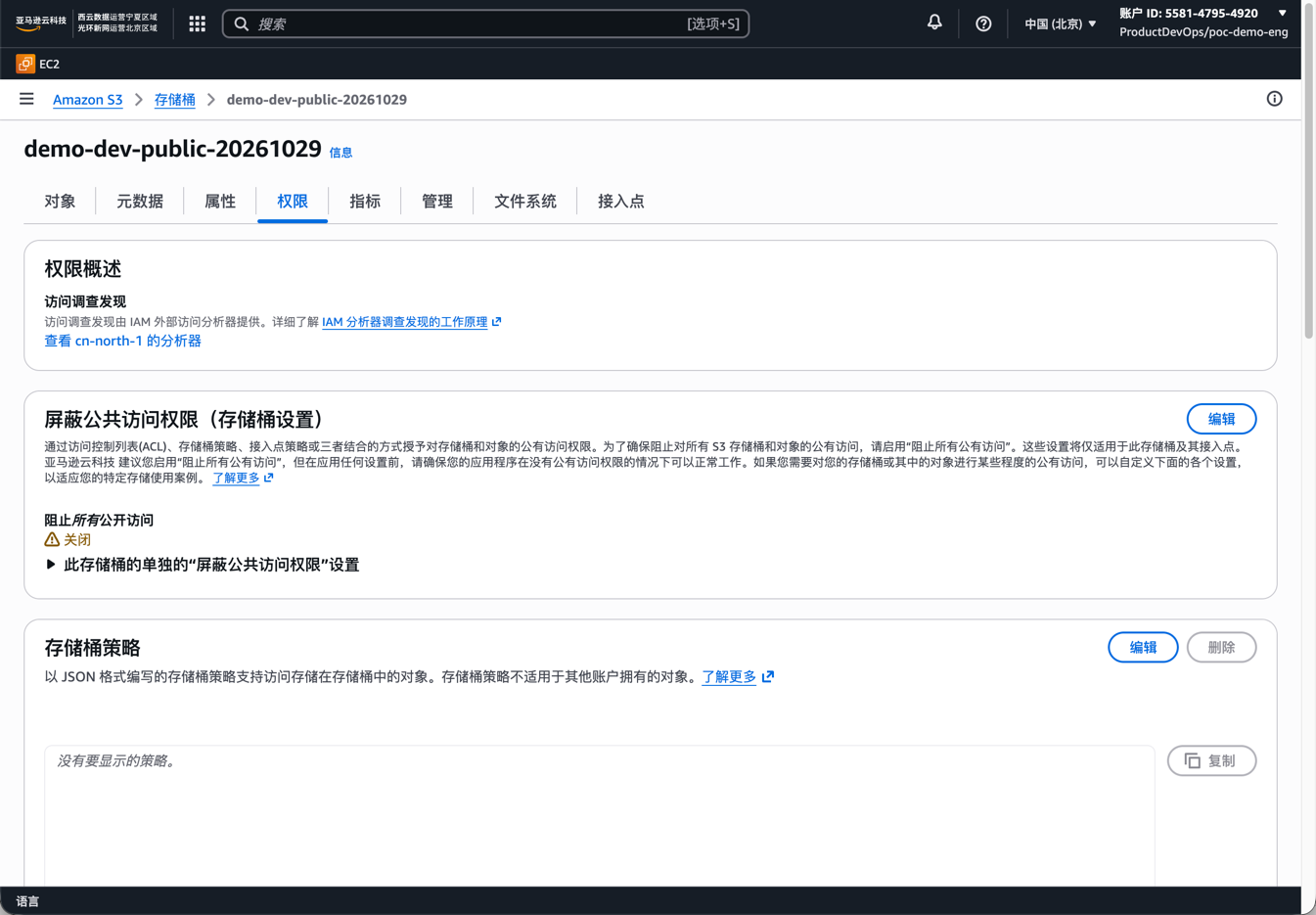demo-dev 账号 S3 控制台里的桶 demo-dev-public-20261029，Permissions 标签页——阻止公开访问全部关闭，无桶策略。违规原样呈现。